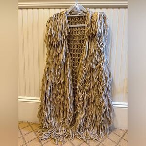 Blu Pepper camel colored long boho crocheted vest with layers of wool fringe L